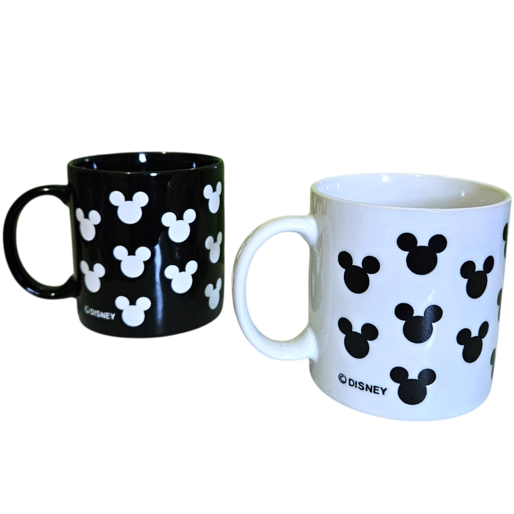 Disney Mickey Mouse Logo Coffee Mugs Set of 2 Cups Black & White 8 oz Disneyana